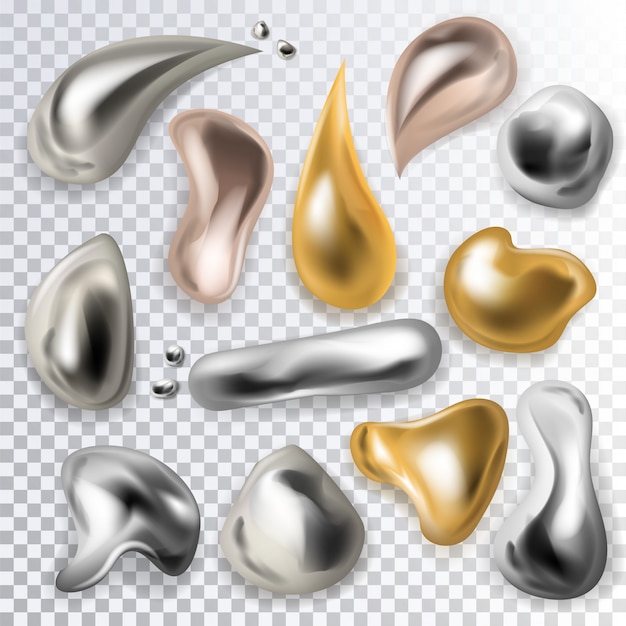 Insieme realistico dell'illustrazione della palla della spruzzata e di metalline della goccia liquida metallica metallica di goccia del metallo della sfera del cromo 3d isolata su fondo trasparente