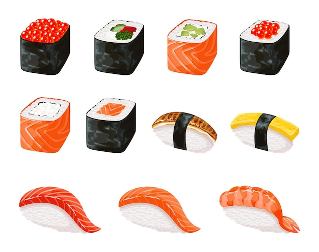 Insieme realistico della foto dettagliata delle icone del rotolo di sushi. Set di sushi realistico. Cucina giapponese, cibo tradizionale.