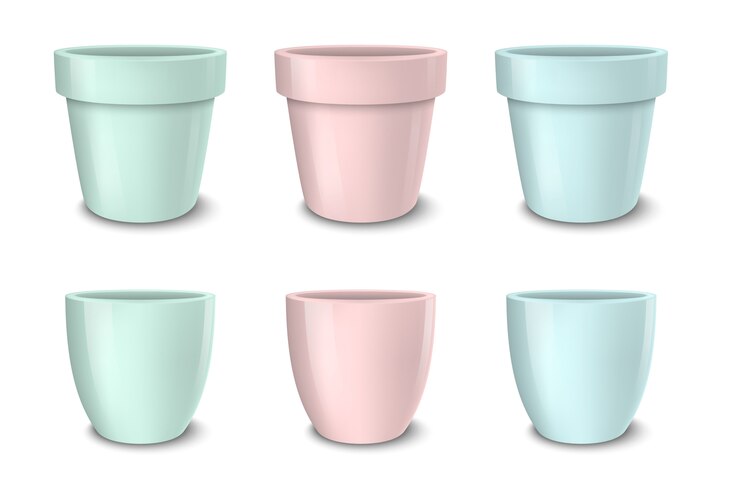 Vettore insieme realistico vuoto del vaso di fiori, colori pastelli - rosa, verde e blu. primo piano isolato su fondo bianco. . .