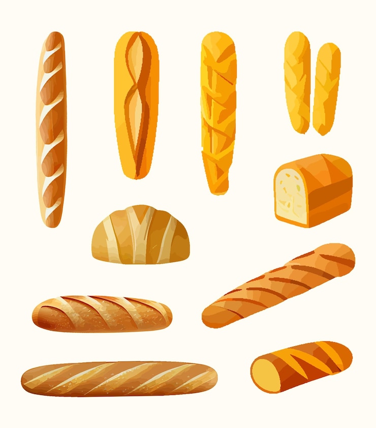 Vettore insieme sveglio delle icone del fumetto di pane, baguette. design per menu da forno, ricettario, panetteria. francese