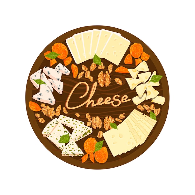 Insieme variopinto dell'illustrazione di vettore dei formaggi sul piatto di legno.