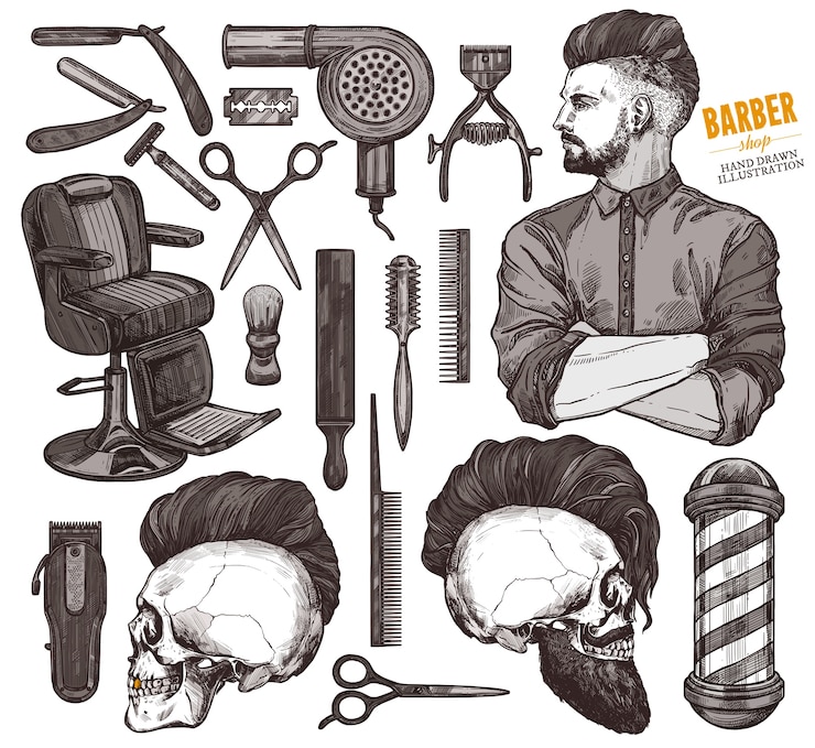 Vettore insieme vettoriale di strumenti e accessori barbeshop disegnati a mano con uomo modello hipster.