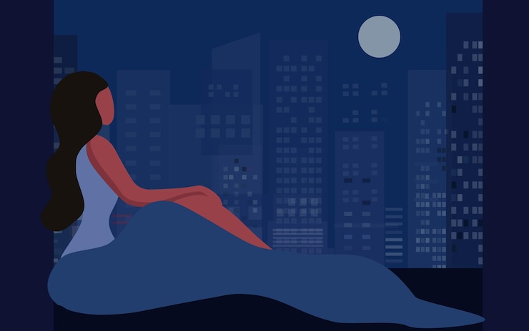 Vettore insonnia donna seduta sul letto di notte illustrazione vettoriale donna insonne che soffre di insonnia