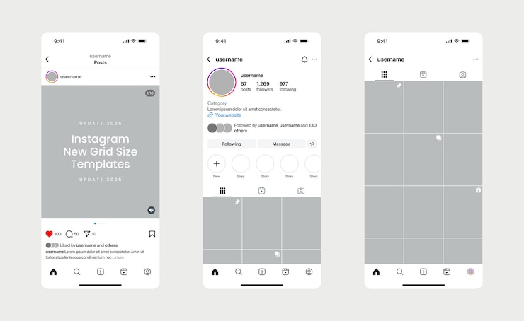 Vettore instagram nuovo modello di dimensione della griglia aggiornamento 2025 modalità luce instagram