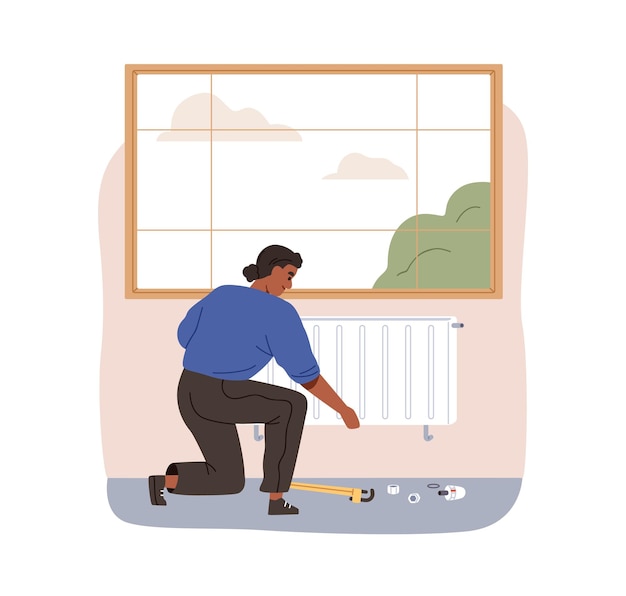Installazione del radiatore Lavoratore che installa il sistema di riscaldamento, verifica, riparazione e riparazione Servizio professionale che esegue la manutenzione del riscaldatore Illustrazione vettoriale piatta isolata su sfondo bianco