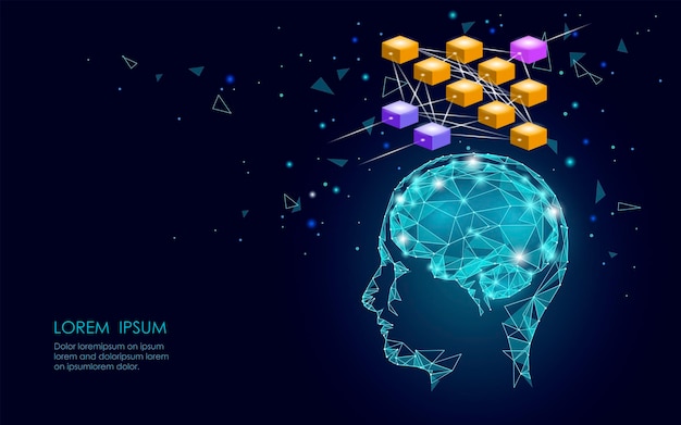 Intelligenza artificiale isometrica cervello umano rete neurale concetto aziendale Blu brillante informazioni personali connessione dati tecnologia futura 3D infografica illustrazione vettoriale art
