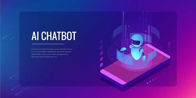 Intelligenza artificiale isometrica. Chatbot e marketing futuro. Concetto di intelligenza artificiale e business IOT. Servizio di aiuto di dialogo. Illustrazione vettoriale.