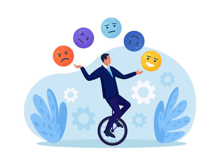 Vettore intelligenza emotiva equilibrio tra ansia e felicità l'uomo si destreggia tra emoticon espressione volti emotivi emozioni controllo dell'umore consapevolezza e psicologia consapevolezza autosviluppo