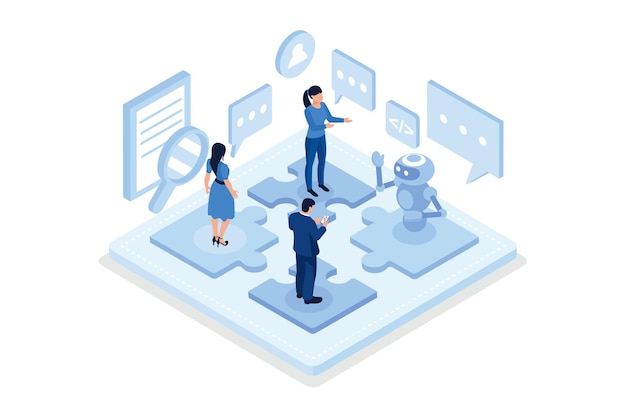 Interazione tra team e robot. Può essere utilizzato per banner web, infografiche, immagini di eroi, isometriche