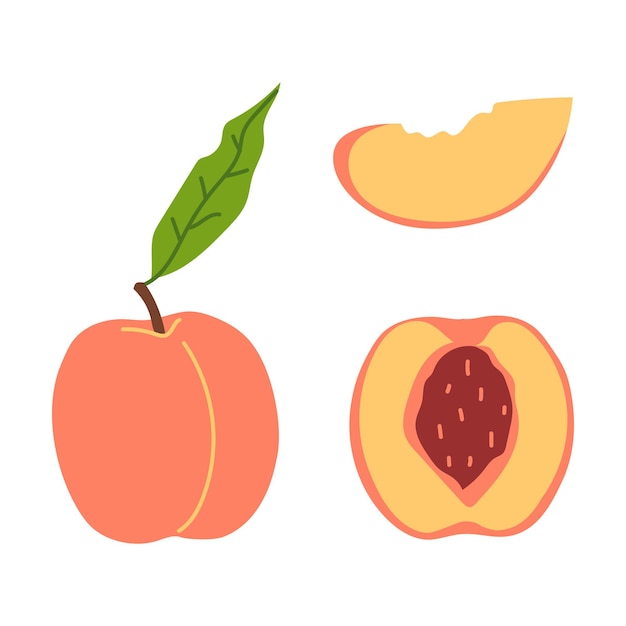 Intere, metà, parti di pesche fresche.