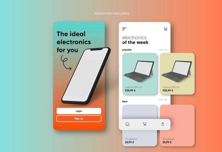 Vettore interfaccia dell'app per lo shopping tecnologico online