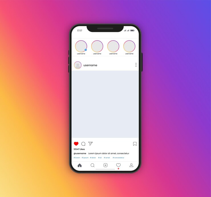 Vettore interfaccia della home page del mockup vettoriale di instagram con smartphone