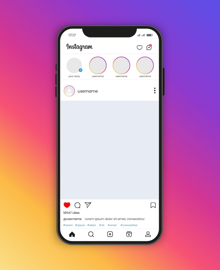Vettore interfaccia della home page di instagram con mockup di posta vettoriale per smartphone