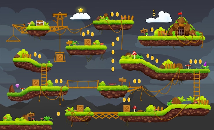 Vettore interfaccia della mappa del livello notturno del gioco retrò arcade 2d