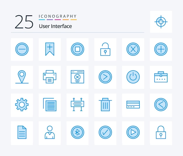 Interfaccia utente 25 Icon pack di colore blu che include l'interfaccia dell'interfaccia utente e l'interfaccia utente