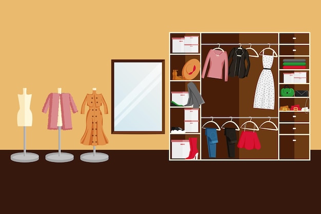 Interior Design della stanza guardaroba piena di vestiti da donna Interni moderni della stanza guardaroba a piedi