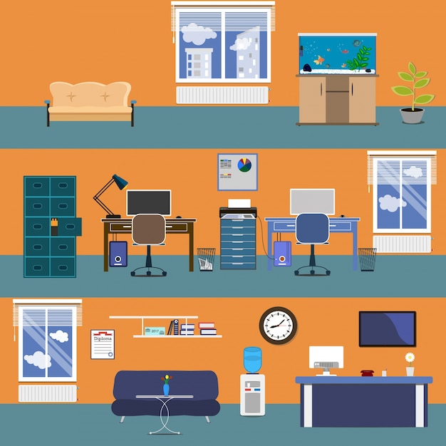 Interiore dell&#39;ufficio. Illustrazione vettoriale in uno stile piatto. edificio per uffici open space con lavoratori.