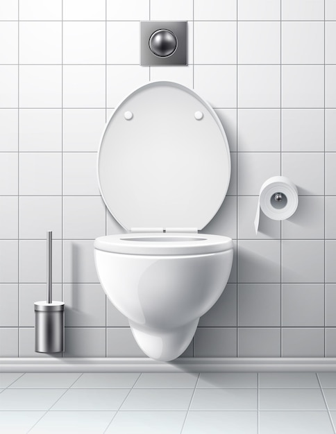 Interiore moderno della stanza della toletta con il pulsante di sciacquone della spazzola del WC della consegna della tazza WC realistico