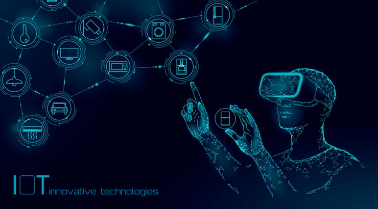 Vettore internet delle cose operazione moderna dal concetto di tecnologia dell'innovazione dei vetri di vr. rete di realtà aumentata di comunicazione wireless iot ict.