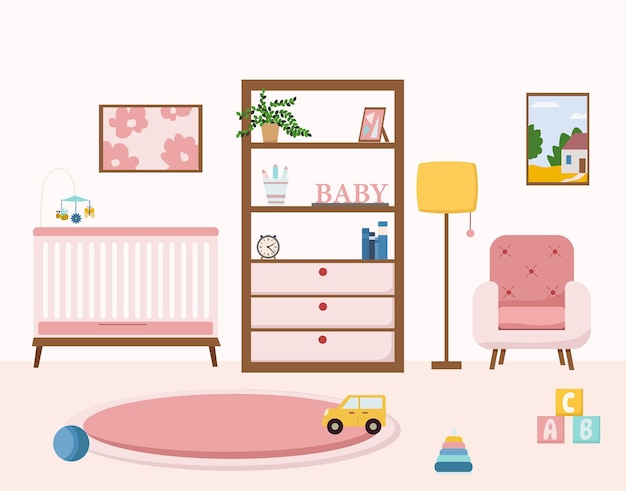 Interni accoglienti della nursery con mobili come poltrone per culla, giocattoli, tappeto in stile moderno, illustrazione vettoriale piatta