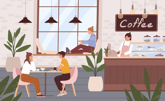 Interni accoglienti e rilassanti della caffetteria con persone. Barista e clienti all'interno di un caffè moderno. Uomini e donne che riposano nella caffetteria o nella caffetteria. Illustrazione vettoriale piatta colorata del coffeeshop.