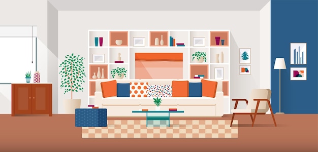 Interni caldi e accoglienti con comodo divano e cuscini colorati dal design piatto flat