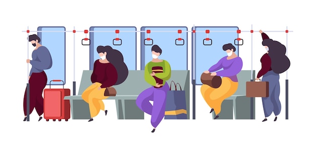 Interni di trasporto pubblico. La gente ha mascherato la distanza seduta in metropolitana o in autobus moderno all'interno del treno persone stanche sgargianti sfondo vettoriale illustrazione piatta. Metropolitana pubblica in quarantena, passeggero in mascherina