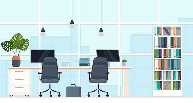 Interni di ufficio di coworking moderni Grande finestra panoramica con vista sui grattacieli della città Scrivania con laptop poltrona libreria disegno caricatura carino concetto dipendente e collega illustrazione vettoriale