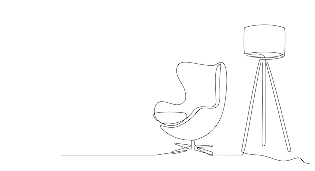 Interno a una linea continua con poltrona e lampada da terra Disegno a linea singola del soggiorno con mobili moderni tratto modificabile Contorno disegnato a mano Doodle vettore