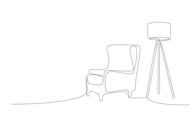 Interno a una linea continua con poltrona e lampada da terra Disegno a linea singola del soggiorno con mobili moderni tratto modificabile Contorno disegnato a mano Doodle vettore