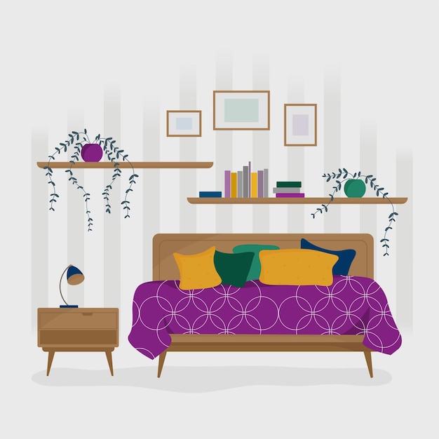 Interno accogliente della camera da letto con mobili e piante domestiche. Illustrazione vettoriale disegnata a mano.