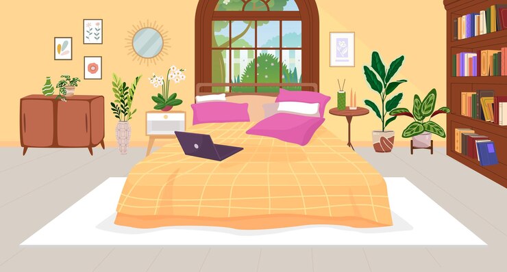 Interno accogliente della camera da letto con piante e luce solare