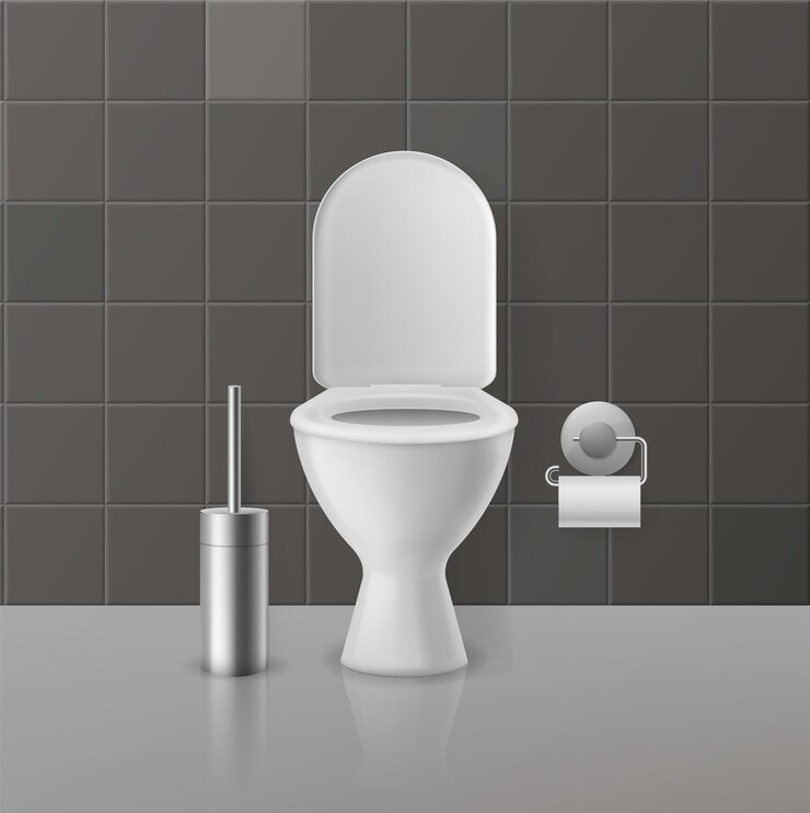 Vettore interno bagno realistico vaso wc smaltato bianco portarotolo in acciaio lucido per rotolo di fazzolettino e spazzolino per pulizia attrezzature e accessori per il bagno design arredo lavabo vector