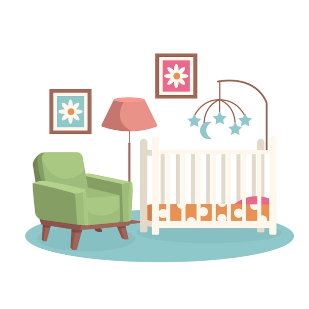 Interno camera da letto Camera dei bambini Culla poltrona dipinti ecc
