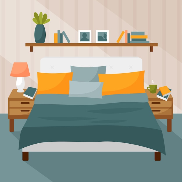 Interno camera da letto Letto con cuscini libreria comodino con lampada