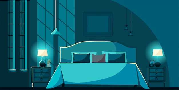 Interno camera da letto vettoriale di notte con mobili, letto con molti cuscini al chiaro di luna. Comodini interni camera da letto, lampade e finestre di illuminazione. Illustrazione di vettore di stile piatto del fumetto