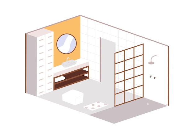 Interno del bagno di casa. Bagno con mobili, sanitari, lavabo, specchio, doccia. Progetto interno isometrico con porta, pareti, pavimento. Illustrazione vettoriale piatta isolata su sfondo bianco.