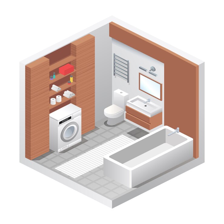 Interno del bagno realistico di vettore. Vista isometrica di camera, vasca da bagno, wc water, lavatrice, lavandino, mensole con asciugamani e decorazioni per la casa. Design di mobili moderni, concetto di appartamento o casa