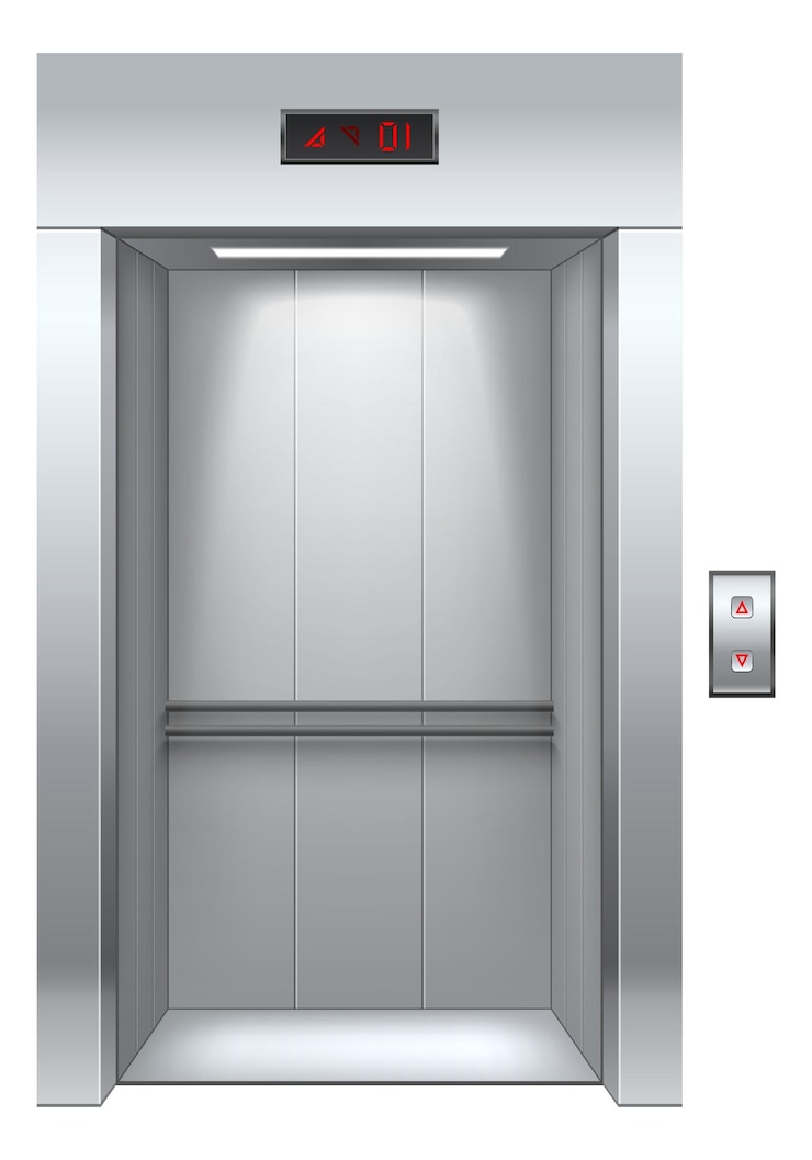 Vettore interno dell'ascensore con porte aperte mockup realistico in metallo lucido isolato su sfondo bianco