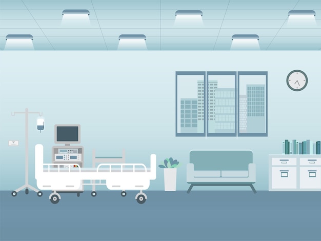 Interno dell'ospedale nella stanza di ricovero con letto e servizi illustrazione vettoriale