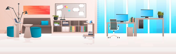 Vettore interno dell'ufficio moderno nessuna stanza dell'armadio della gente con l'illustrazione orizzontale della mobilia