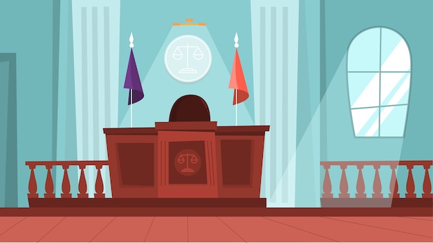 Interno della costruzione di corte con aula di tribunale vuota. Processo di prova