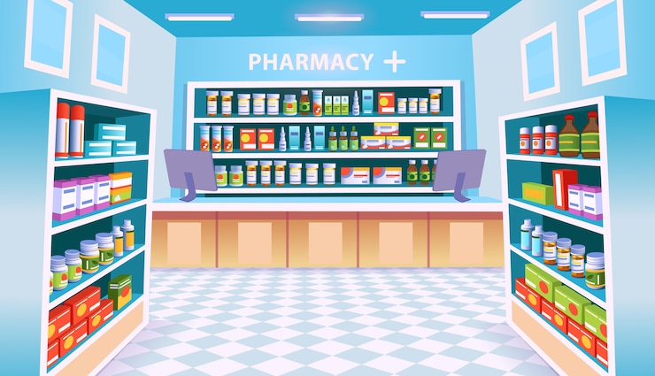Vettore interno della farmacia con scaffali di pillole.