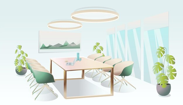 Interno della sala riunioni per conferenze. Ufficio vuoto con laptop. Grandi finestre e piante.