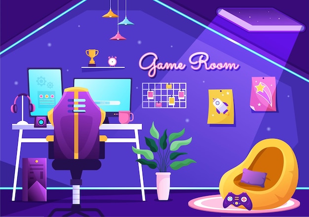 Interno della sala videogiochi con mobile Android e comode poltrone per giocatori nell'illustrazione