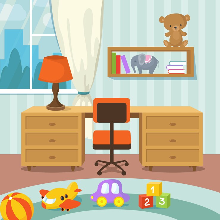Vettore interno della stanza del bambino con letto e giocattoli in stile piatto illustrazione vettoriale