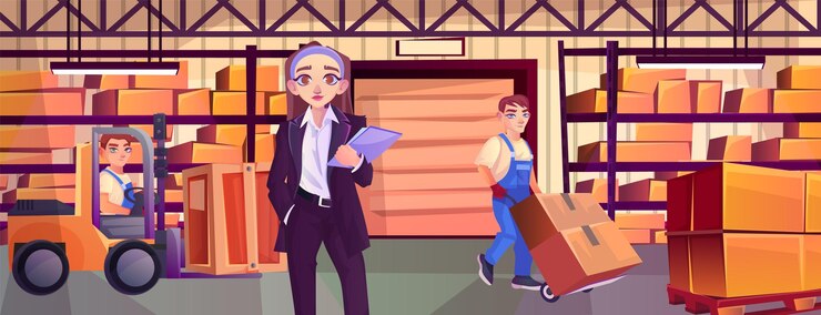 Vettore interno di magazzino di cartone animato con carrello elevatore imprenditrice in abbigliamento formale dipendente alla guida di carrello elevatore scaffali con merci varie scatole di cartone pacchi consegna logistica illustrazione vettoriale