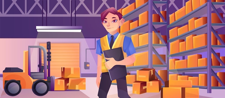 Vettore interno di magazzino di cartoni animati con dipendente in tuta da caldaia che tiene appunti nell'hangar scaffale con varie scatole di cartone per pacchi stoccaggio affollato con carrello elevatore consegna logistica illustrazione vettoriale