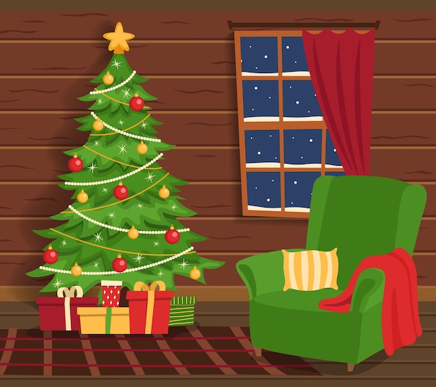 Interno natalizio. Soggiorno con albero di Natale e poltrona. Atmosfera accogliente.