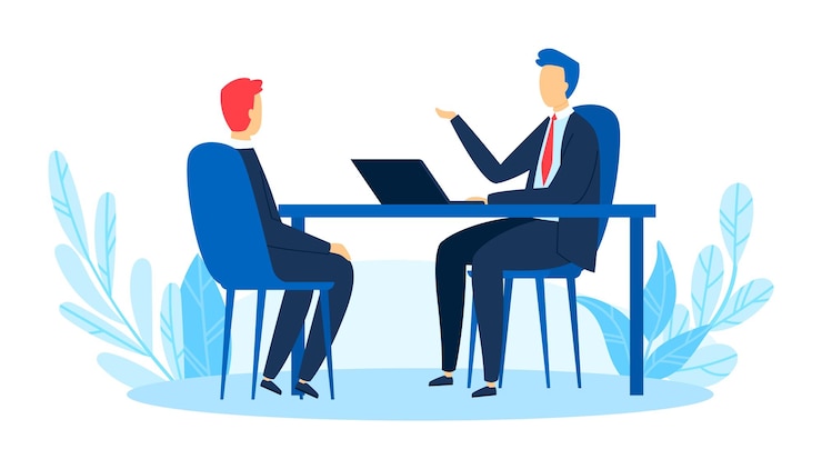 Vettore intervista concetto intervista di lavoro professionale uomini d'affari lavoro uomo uomo d'affari design stile piatto illustrazione vettoriale